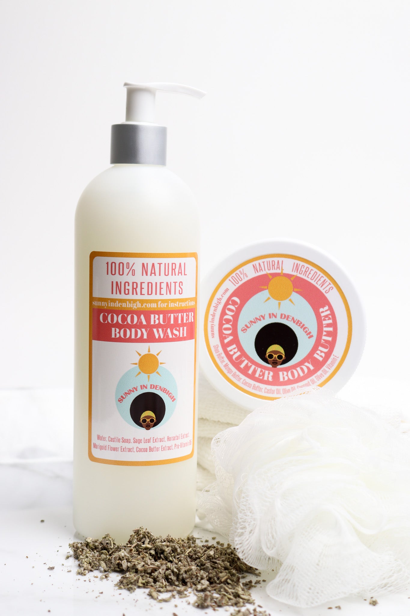 Sunny In Denbigh Cocoa Butter Bath Bundle. Our Cocoa butter bath bundle is the skin care bundle you absolutely need. Cocoa butter body wash and body butter combination allows you to hydrate your skin and lock in moisture like you never have before.